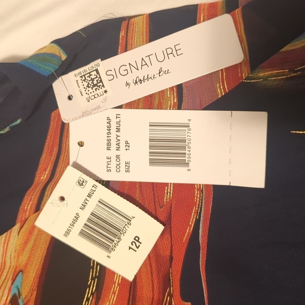 SIGNATURE by ROBBIE BEE. Abstract Print Chiffon. Color Navy Blue Green Orange. - Picture 6 of 11